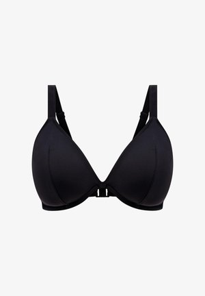 Zwarte gevoerde beha met een driehoekige vorm. Voorzien van verstelbare bandjes en een gladde textuur, vast te maken met een haak- en oogsluiting.