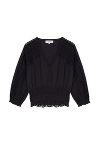 Blouse noire avec un col en V, en tissu texturé, taille élastique et des détails en dentelle décoratifs sur les manches et les épaules.