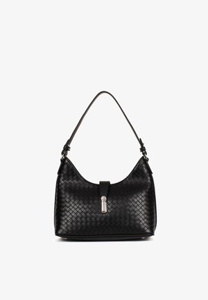 Black leather handbag with woven pattern, single shoulder strap, and silver clasp closure on a white background.