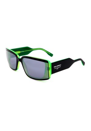 Occhiali da sole rettangolari neri e verde neon con lenti scure e logo Karl Lagerfeld sulla stanghetta laterale.