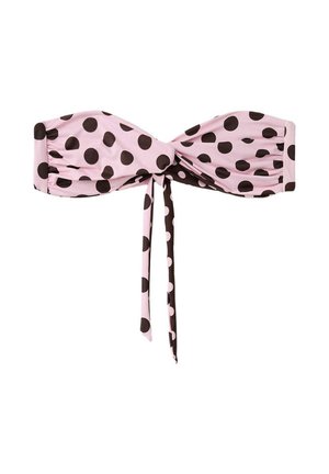 Pink bandeau bikini top med store sorte polkaprikker og en frontknude med vekslende pink og sort stof med prikker.
