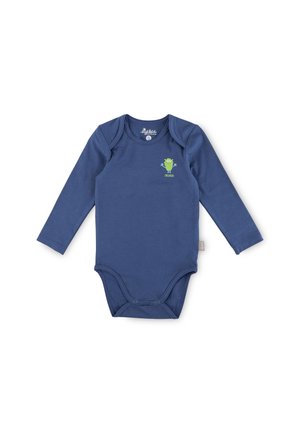 Long-sleeve navy blue bodysuit made of soft cotton, featuring a green cartoon monster graphic on the chest and snap closures at the bottom.
