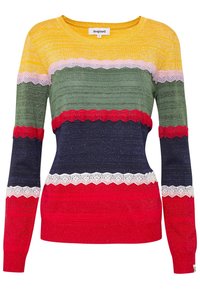 Maglione multicolore con strisce orizzontali gialle, rosa, verdi, blu scuro, rosse e bianche. Presenta una texture a coste e dettagli in pizzo.