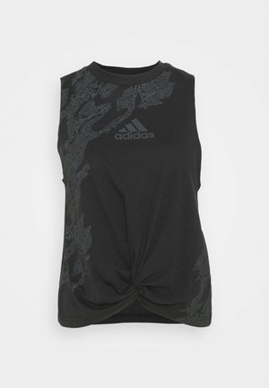 Débardeur de sport Adidas noir sans manches avec un motif sombre subtil, col rond et détail noué à l'avant de l'ourlet.