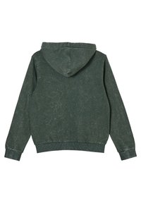 Haut de survêtement en coton vert avec une finition texturée, comprenant une poche kangourou et des poignets et un ourlet côtelés, conçu avec une coupe décontractée.