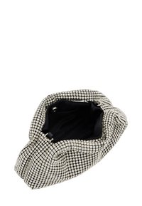 Sølv håndtaske med rhinestone-mønster, blød og sammensunken form, sort indvendig foret og trykknaplukning. Indvendigt er der en lille lomme.