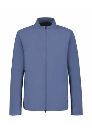 Męska jasnoniebieska kurtka z pełnym zamkiem z przodu i stójką, długimi rękawami oraz bocznymi kieszeniami, przedstawiona na białym tle.