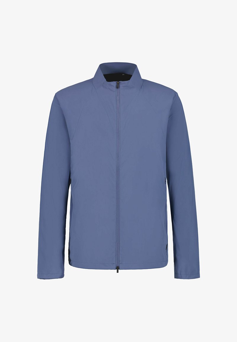 Chaqueta para hombre color azul claro con cremallera completa al frente y cuello alto, mangas largas y bolsillos laterales, mostrada sobre fondo blanco.