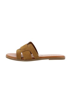 Flat brown slide sandal with wide overlapping suede straps and a smooth sole, designed for casual wear.