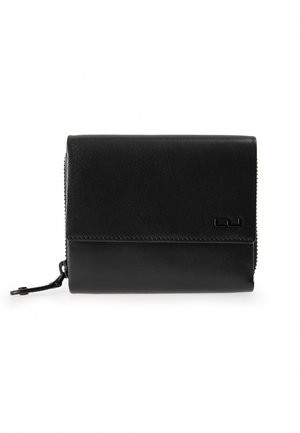Black leather wallet with a zip closure, smooth texture, and a stitched accent. Features a minimal logo on the front. Rectangular shape.