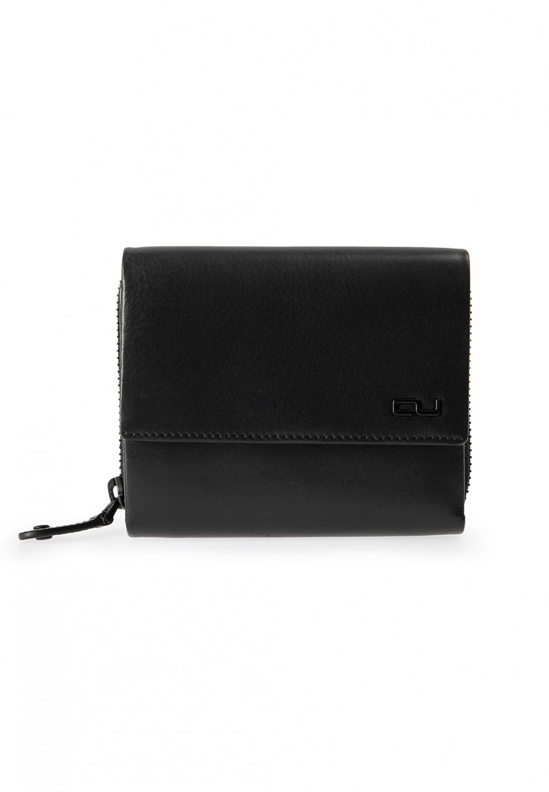 Black leather wallet with a zip closure, smooth texture, and a stitched accent. Features a minimal logo on the front. Rectangular shape.