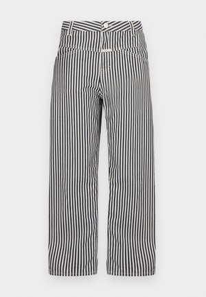 Striped wide-leg trousers in navy and white. Features a button closure, front pockets, and a smooth, lightweight fabric.