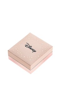 Boîte cadeau rose avec une finition brillante, comportant un logo Disney et un motif étincelant. La boîte a un accent en ligne noire le long de la base.