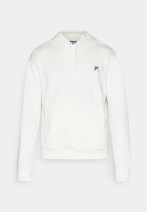Witte fleece hoodie met een trekkoord en een voorzak. Heeft een klein blauw FILA-logo op de borst. Zachte textuur, casual ontwerp.