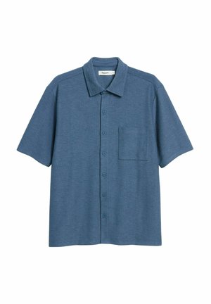 Kortærmet skjorte med knapper i et tekstureret blåt stof, med spidse krave, frontlomme og lige snit.