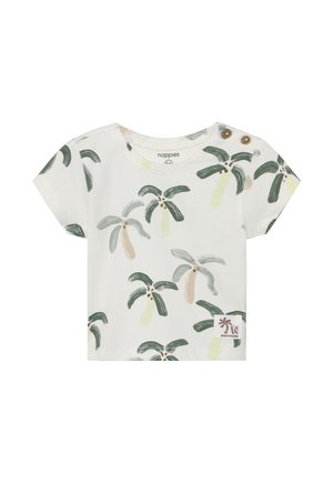 Wit katoenen T-shirt met korte mouwen, met een palmboomprint in groen, lichtgeel en beige. Voorzien van houten knoopaccenten op de schouder.