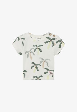 Wit katoenen T-shirt met korte mouwen, met een palmboomprint in groen, lichtgeel en beige. Voorzien van houten knoopaccenten op de schouder.