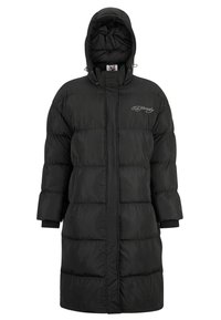 Cappotto imbottito nero con cappuccio, dotato di un design trapuntato, maniche lunghe e polsini a coste. Nota: logo ricamato sul petto.