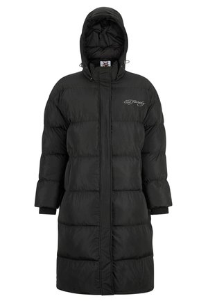 Schwarze Daunenjacke mit Kapuze, mit gestepptem Design, langen Ärmeln und gerippten Bündchen. Hinweis: besticktes Logo auf der Brust.
