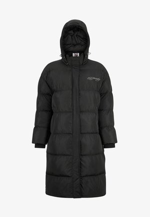 Sort oppustelig jakke med hætte, med en quiltet design, lange ærmer og ribbede manchetter. Bemærk: broderet logo på brystet.