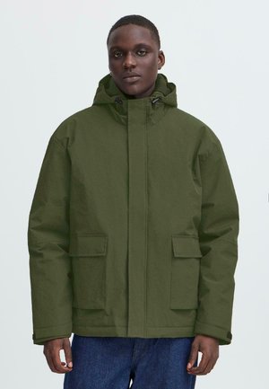 Olive green hooded jacket made of textured material, featuring two front pockets and a front zip closure.