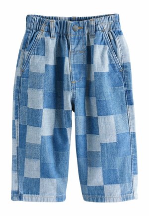 Denim shorts featuring a patchwork design in varying shades of blue, elastic waistband, and standard pockets for utility.