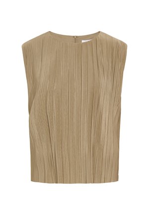 Bronzas plisēta bez piedurknēm topiņa ar apaļu kakla izgriezumu un aizmugurējo rāvējslēdzēju. Mīksta tekstūra un garināta silueta, piemērota slāņošanai.