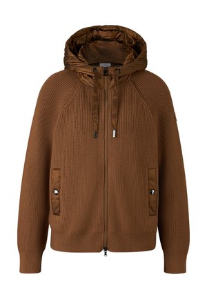 Veste en tricot marron avec une capuche rembourrée, fermeture éclair frontale, deux poches latérales avec bouton-pression et finitions côtelées aux poignets et à l'ourlet.