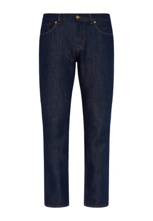Jeans in denim blu scuro con un taglio dritto, caratterizzati da cuciture arancioni, chiusura con bottone in metallo e tasche frontali. Senza motivi o decorazioni.
