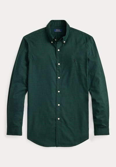 Green and black checkered long-sleeve button-up shirt with a button-down collar and Polo Ralph Lauren logo embroidered on the chest.