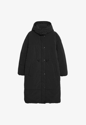 Cappotto lungo puffer nero con cappuccio, design trapuntato, chiusure a scatto, due tasche frontali e cordini regolabili in vita.