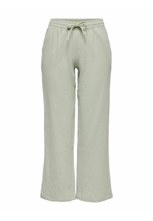 Vaaleanvihreät leveälahkeiset housut, joissa on joustava vyötärönauha ja säädettävä nyöri, valmistettu teksturoidusta, kevyestä kankaasta.