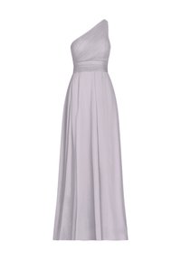 Ein ärmelloses, helllila Kleid mit gefälteltem Oberteil, tailliertem Gürtel und fließendem bodenlangem Rock. Glattes Material mit einem subtilen Glanz.