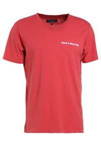 Red short-sleeve cotton t-shirt with crew neck and white text "Have A Nice Day" on the left chest.
