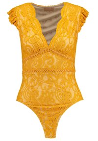 Gul spetsbodysuit med djup V-ringning och korta volangärmar, med intrikata blommönster och en figursydd design.