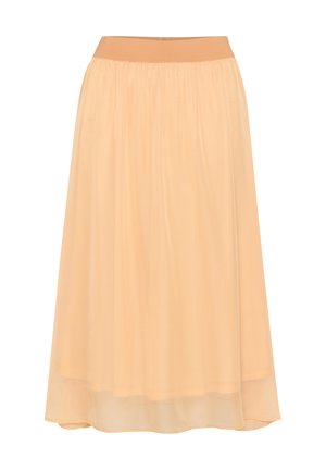 Persiku šifona svārki ar elastīgu jostu, veidoti ar plūstošu, slāņotu siluetu un maigu spīdumu. Garums līdz pusmugurai.