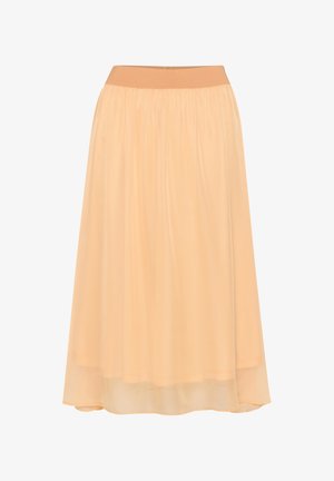 broskyňová chiffon sukňa s elastickým pásom, navrhnutá s priesvitným, vrstveným siluetom a jemným leskom. Dĺžka do polovice lýtok.