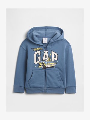 Blå hettegenser med glidelås og frontlommer, med teksten "GAP" og en gul og blå Hot Wheels-bilgrafikk på brystet.