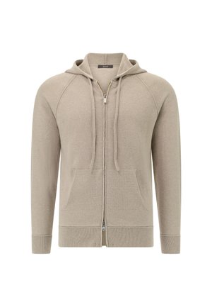 Hellbeige gestrickte Kapuzenjacke mit vollem Reißverschluss, Fronttaschen und verstellbaren Kordeln. Mit gerippten Bündchen und Saum für eine enganliegende Passform.