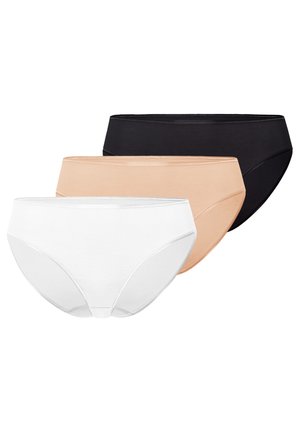 Tre damebomulds-bokser i sort, beige og hvid, stablet med den hvide forrest på en hvid baggrund.