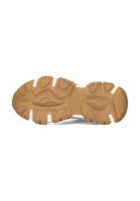 Semelle en caoutchouc beige clair avec un motif de semelle, des accents surélevés et une légère courbure. Surface lisse avec des détails blancs le long des bords.