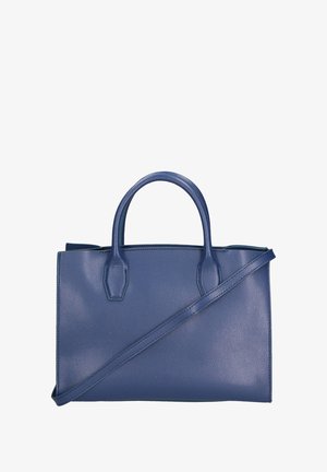Sac à main en cuir bleu avec un design structuré, des poignées courtes et une bandoulière amovible. Texture lisse avec des détails de couture visibles.