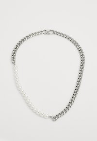 Silver metal chain necklace with alternating white pearls, featuring a secure clasp and a smooth, polished finish.