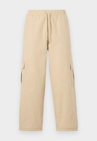 Beige cargo bukser med elastisk talje, snor detalj, og sidelommer. Lavet af et glat og let stof.