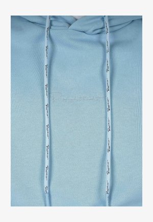 Haut de survêtement bleu clair avec cordons ajustables ; logo "Résistant" brodé en fil clair ; texture lisse, design décontracté.