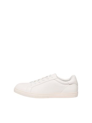 Witte low-top sneaker met veterluiting en platte zool, weergegeven in zijprofiel op een witte achtergrond.