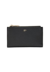 Czarny skórzany portfel o teksturowanej powierzchni, z zamkiem na suwak i złotym logo. Smukły, prostokątny kształt z prostymi krawędziami.