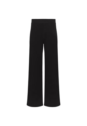 Black wide-leg pants made of ribbed fabric. Features a high waistband and a smooth, textured finish. No visible pockets or patterns.