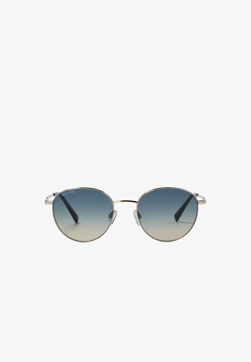 Lunettes de soleil à monture métallique ronde avec verres dégradés bleus et plaquettes de nez transparentes, dotées de branches fines argentées et de la marque "Marc O'Polo".