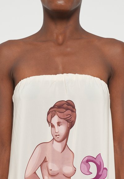 Strapless dress in lightweight, cream fabric featuring a pink and brown classic sculpture print, with gathered elastic top edge.